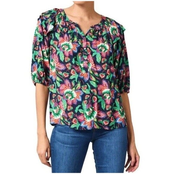 Xirena Kiarna Top Multicolor Floral Women’s XS Ruffle Puff Sleeve Button Collar - Picture 1 of 12